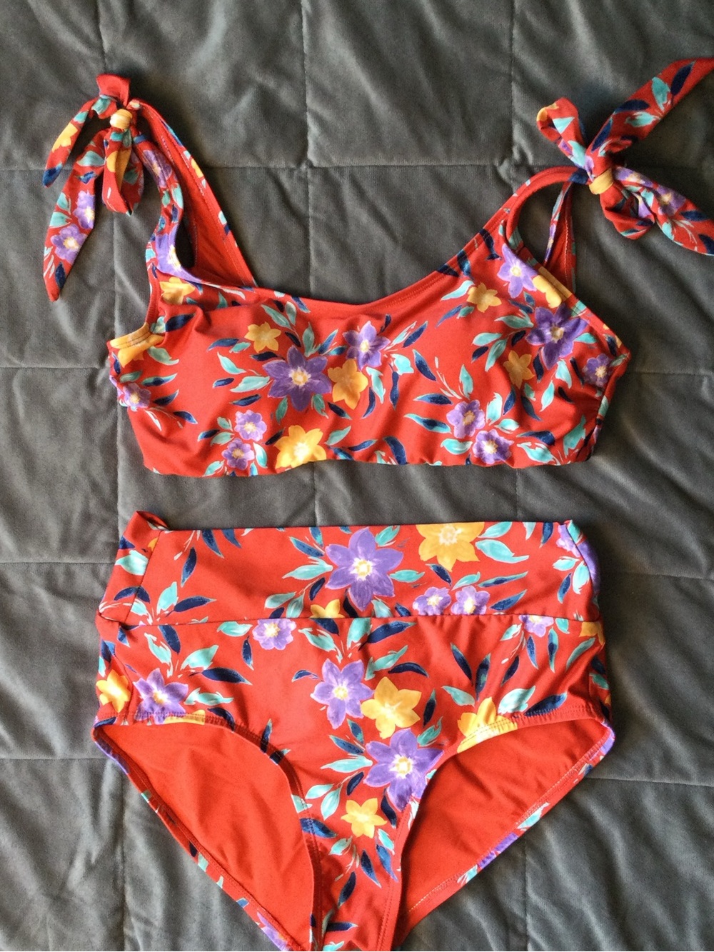 Modcloth Red Floral Tie-Shoulder Bikini Set